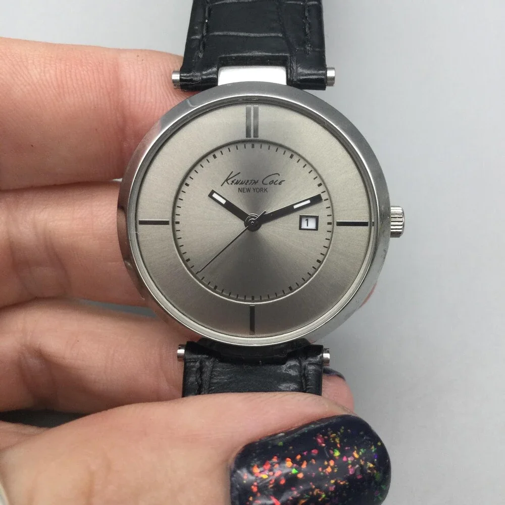 Kenneth Cole KC2279 Mens Watch 34mm Silver Tone Black Leather Date New Battery